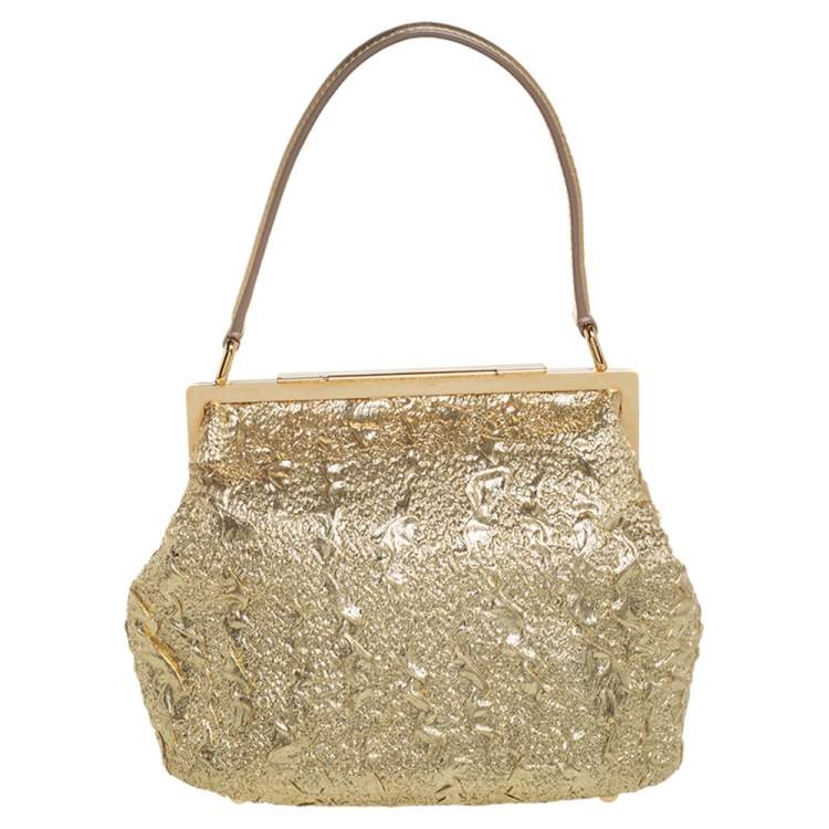 Pre Owned Dolce & Gabbana Metallic Gold Brocade Fabric Sara Frame Bag