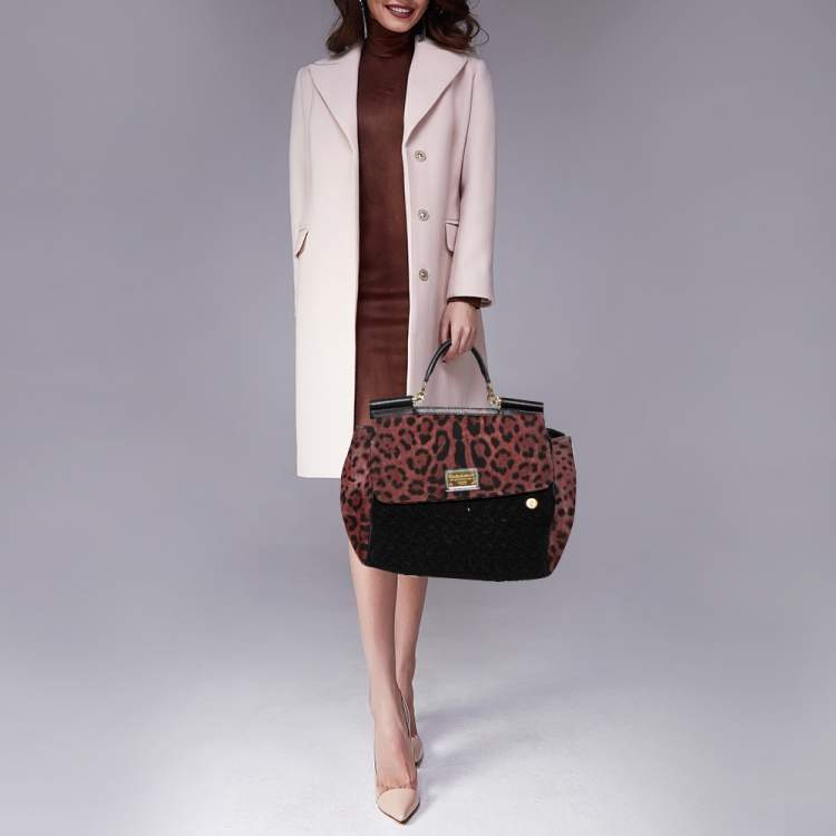 Pre Owned Dolce & Gabbana Black/Burgundy Leopard Print Canvas and Crochet Sicily Large Top Handle Bag