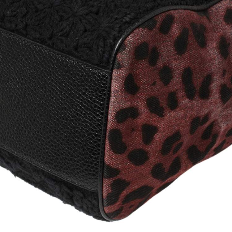 Pre Owned Dolce & Gabbana Black/Burgundy Leopard Print Canvas and Crochet Sicily Large Top Handle Bag