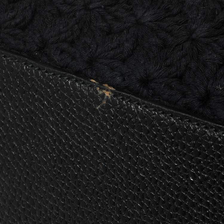 Pre Owned Dolce & Gabbana Black/Burgundy Leopard Print Canvas and Crochet Sicily Large Top Handle Bag