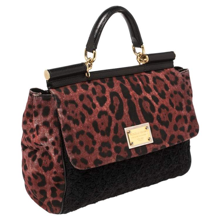Pre Owned Dolce & Gabbana Black/Burgundy Leopard Print Canvas and Crochet Sicily Large Top Handle Bag