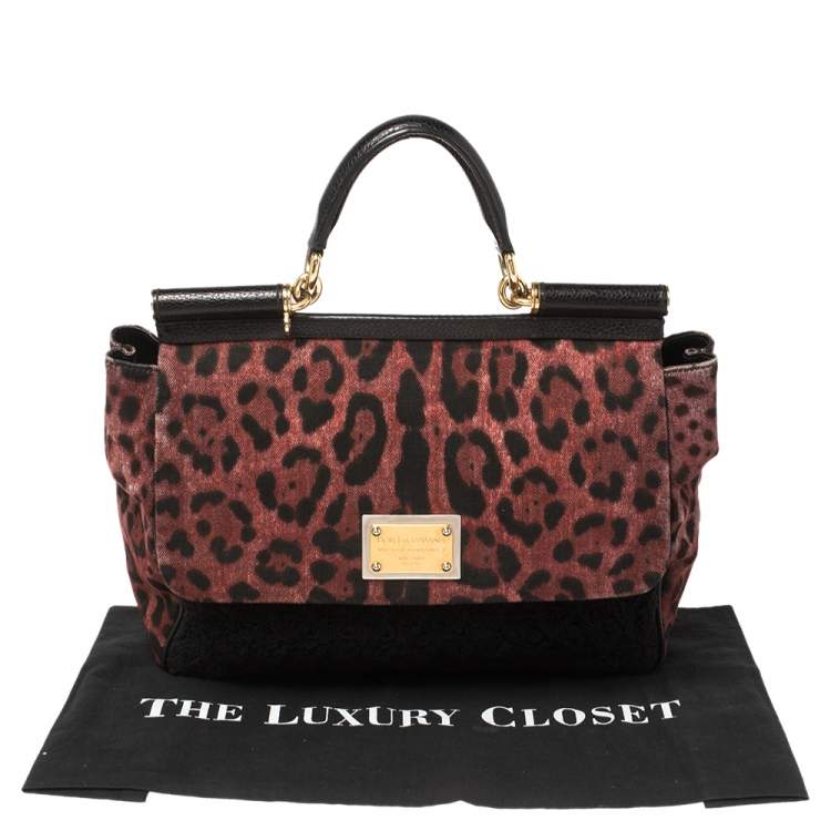 Pre Owned Dolce & Gabbana Black/Burgundy Leopard Print Canvas and Crochet Sicily Large Top Handle Bag