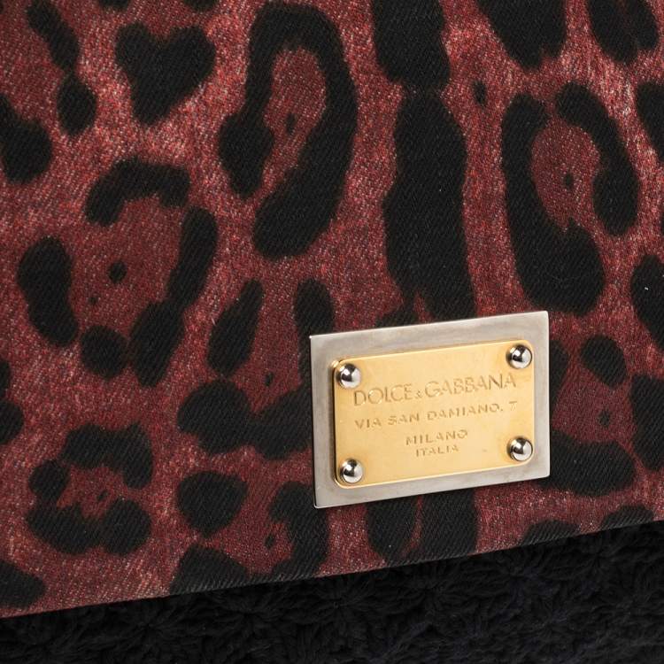Pre Owned Dolce & Gabbana Black/Burgundy Leopard Print Canvas and Crochet Sicily Large Top Handle Bag