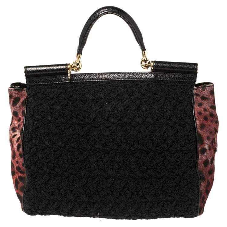 Pre Owned Dolce & Gabbana Black/Burgundy Leopard Print Canvas and Crochet Sicily Large Top Handle Bag