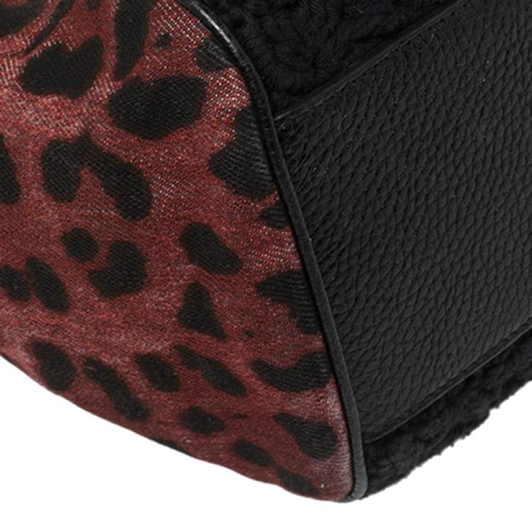 Pre Owned Dolce & Gabbana Black/Burgundy Leopard Print Canvas and Crochet Sicily Large Top Handle Bag