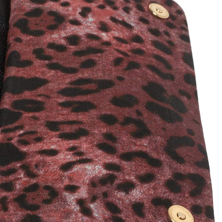Pre Owned Dolce & Gabbana Black/Burgundy Leopard Print Canvas and Crochet Sicily Large Top Handle Bag