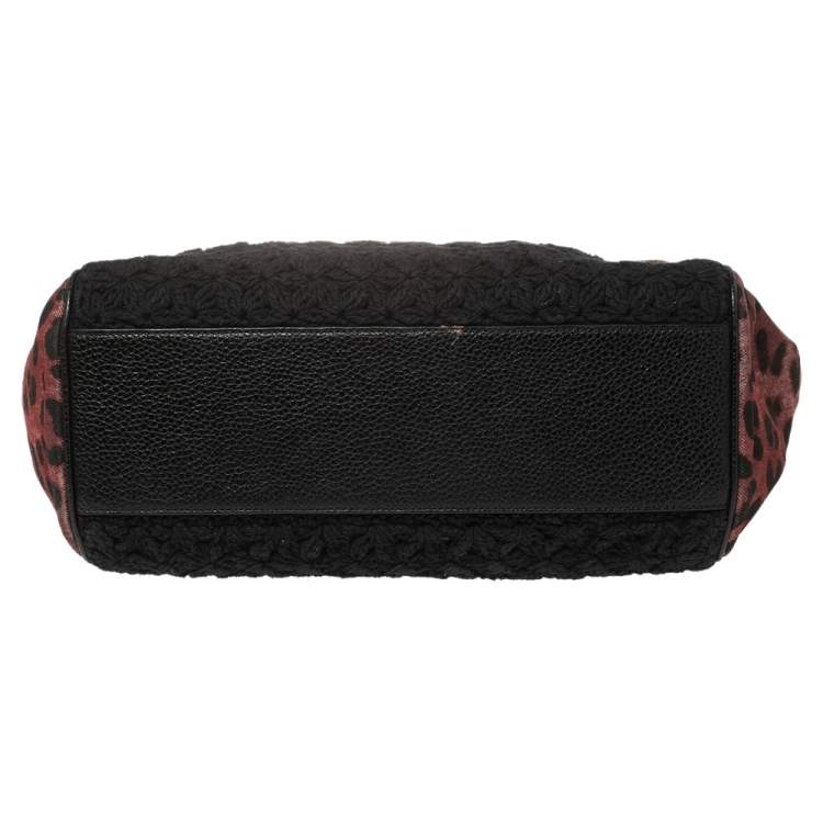 Pre Owned Dolce & Gabbana Black/Burgundy Leopard Print Canvas and Crochet Sicily Large Top Handle Bag