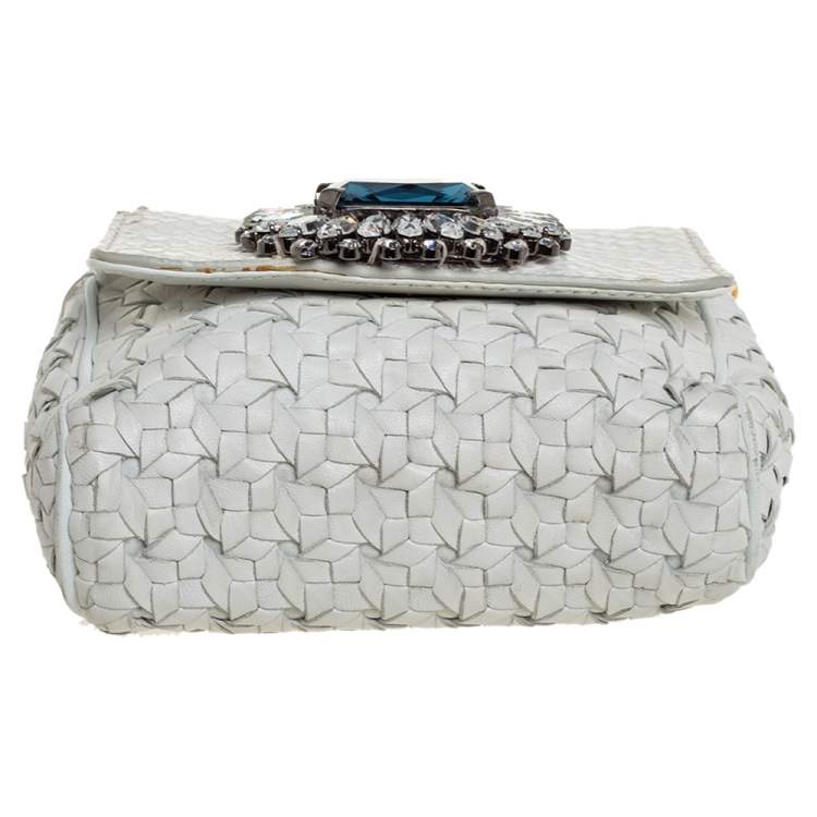 Pre Owned Dolce & Gabbana White Woven Leather and Python Crystal Embellished Flap Crossbody Bag