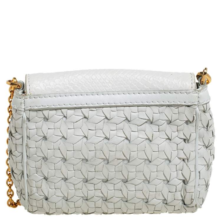 Pre Owned Dolce & Gabbana White Woven Leather and Python Crystal Embellished Flap Crossbody Bag