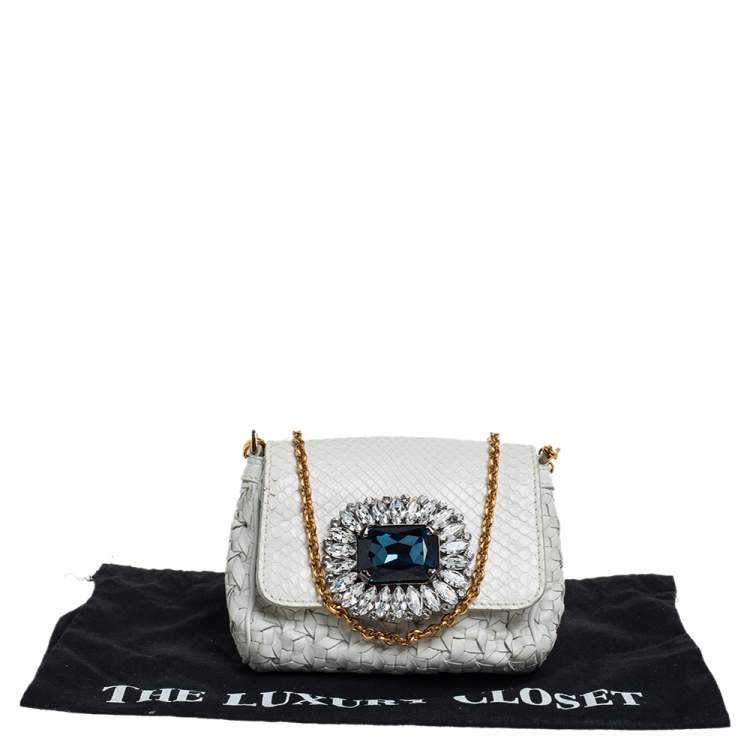Pre Owned Dolce & Gabbana White Woven Leather and Python Crystal Embellished Flap Crossbody Bag