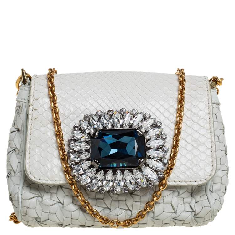 Pre Owned Dolce & Gabbana White Woven Leather and Python Crystal Embellished Flap Crossbody Bag