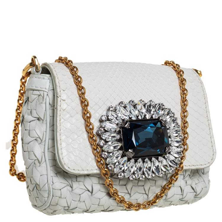 Pre Owned Dolce & Gabbana White Woven Leather and Python Crystal Embellished Flap Crossbody Bag