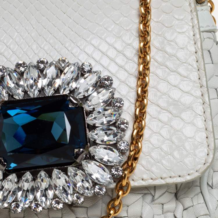 Pre Owned Dolce & Gabbana White Woven Leather and Python Crystal Embellished Flap Crossbody Bag