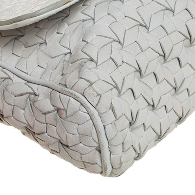 Pre Owned Dolce & Gabbana White Woven Leather and Python Crystal Embellished Flap Crossbody Bag