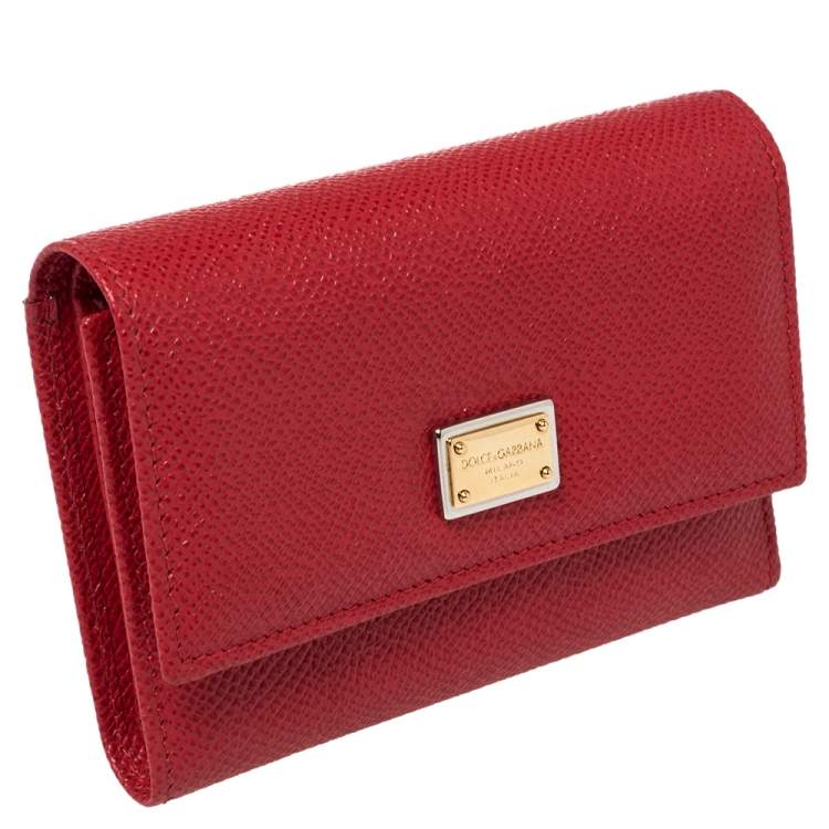 Pre Owned Dolce & Gabbana Red Leather Trifold Wallet 