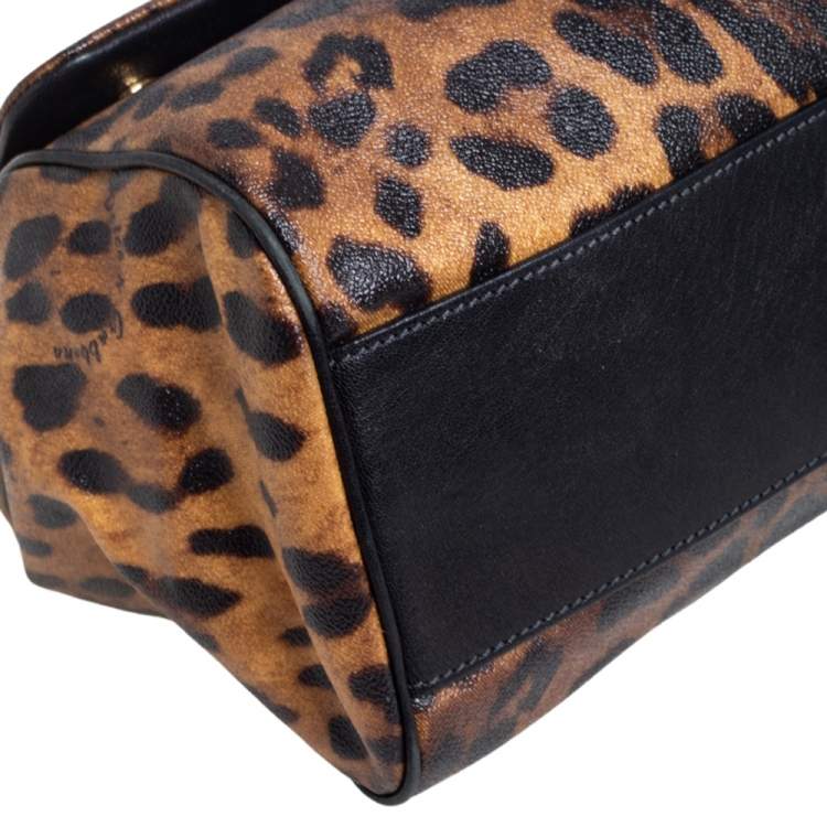 Pre Owned Dolce & Gabbana Black/Brown Leopard Print Coated Canvas Large Miss Sicily Top Handle Bag