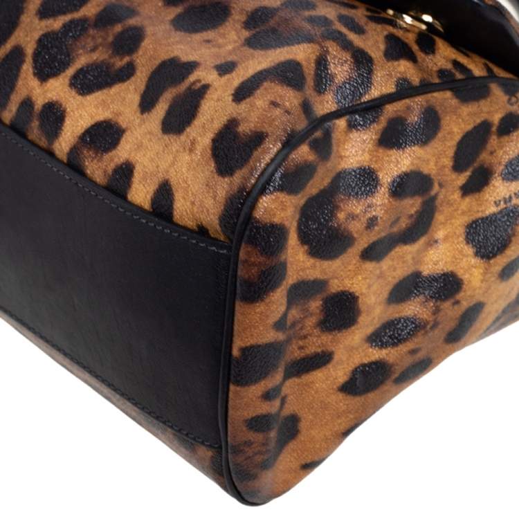 Pre Owned Dolce & Gabbana Black/Brown Leopard Print Coated Canvas Large Miss Sicily Top Handle Bag