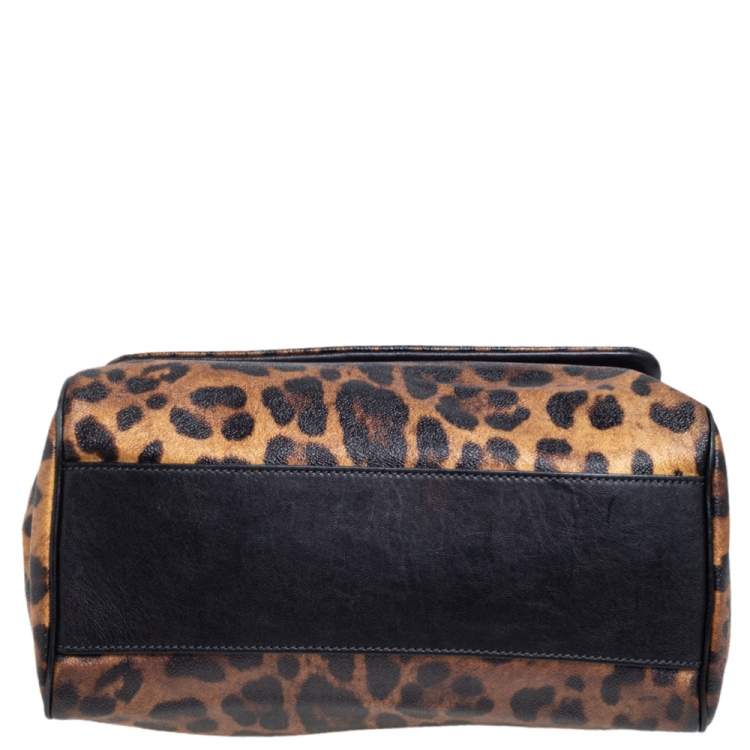 Pre Owned Dolce & Gabbana Black/Brown Leopard Print Coated Canvas Large Miss Sicily Top Handle Bag
