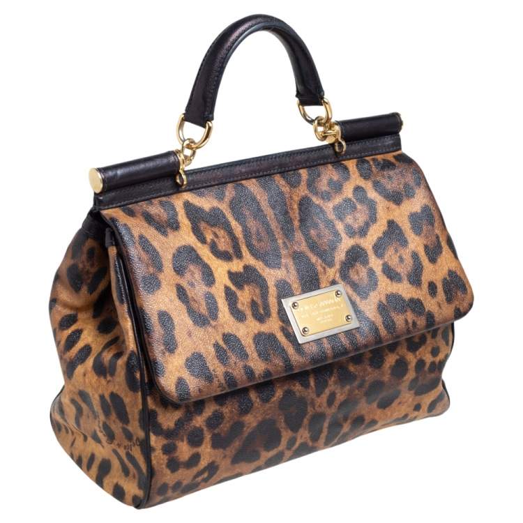 Pre Owned Dolce & Gabbana Black/Brown Leopard Print Coated Canvas Large Miss Sicily Top Handle Bag