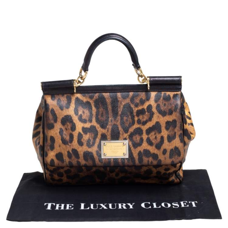 Pre Owned Dolce & Gabbana Black/Brown Leopard Print Coated Canvas Large Miss Sicily Top Handle Bag