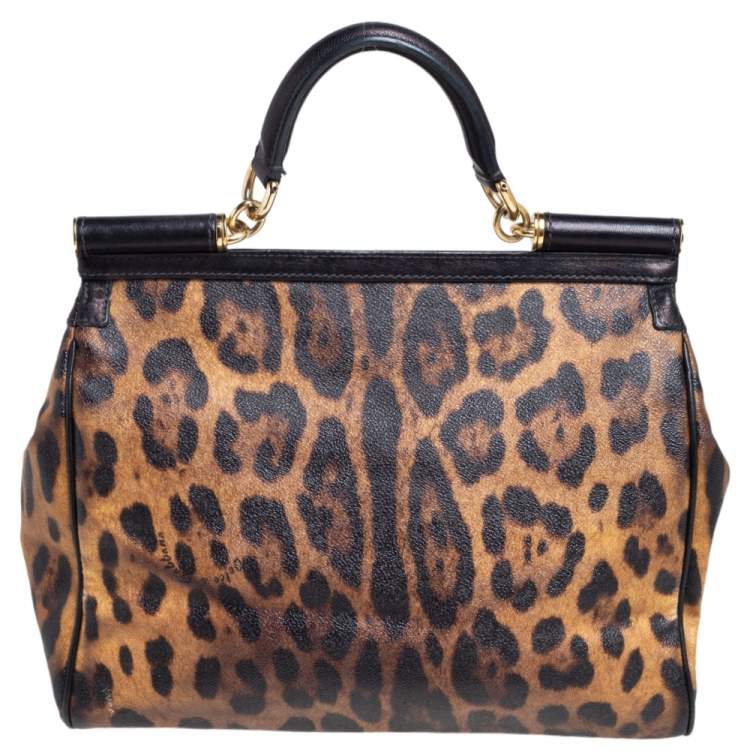 Pre Owned Dolce & Gabbana Black/Brown Leopard Print Coated Canvas Large Miss Sicily Top Handle Bag