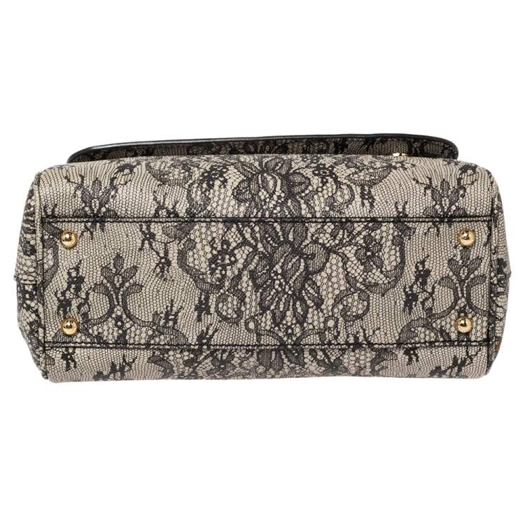 Pre Owned Dolce & Gabbana Beige/Black Lace Print Leather Medium Miss Sicily Top Handle Bag