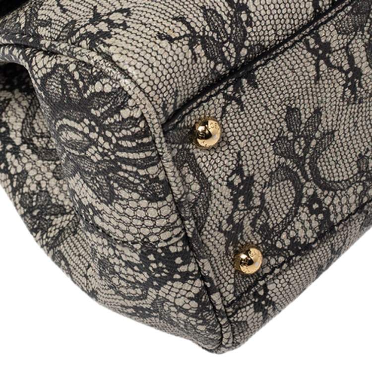 Pre Owned Dolce & Gabbana Beige/Black Lace Print Leather Medium Miss Sicily Top Handle Bag