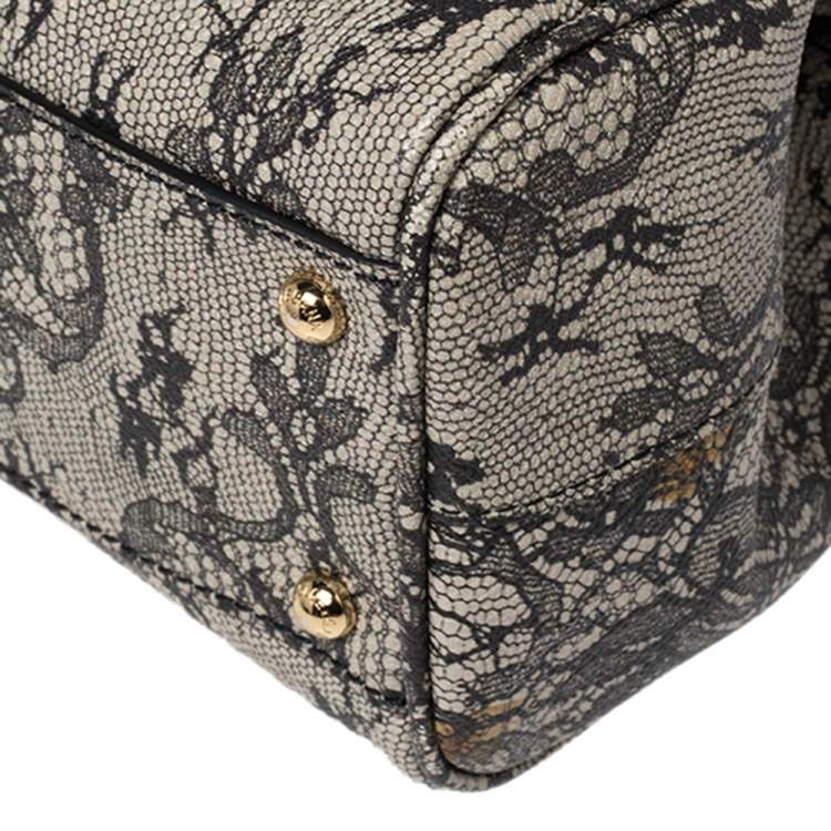 Pre Owned Dolce & Gabbana Beige/Black Lace Print Leather Medium Miss Sicily Top Handle Bag