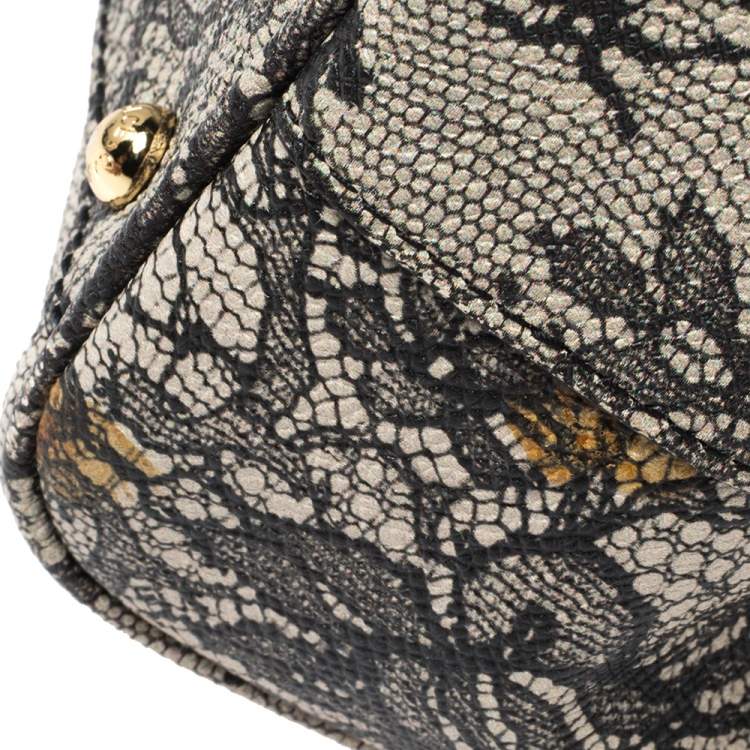 Pre Owned Dolce & Gabbana Beige/Black Lace Print Leather Medium Miss Sicily Top Handle Bag