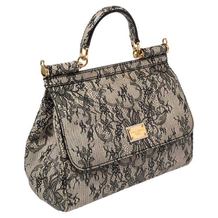 Pre Owned Dolce & Gabbana Beige/Black Lace Print Leather Medium Miss Sicily Top Handle Bag