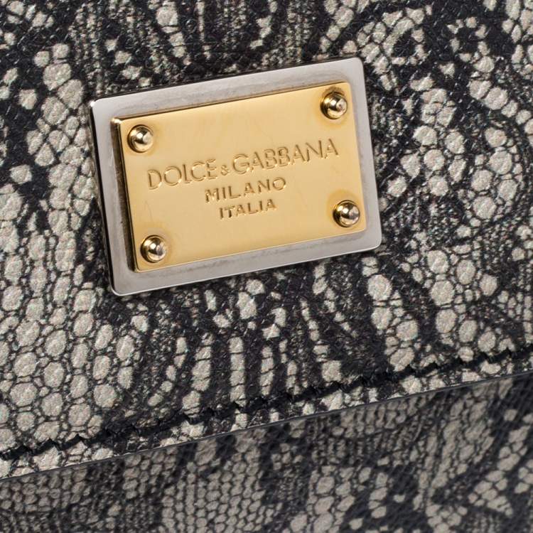 Pre Owned Dolce & Gabbana Beige/Black Lace Print Leather Medium Miss Sicily Top Handle Bag