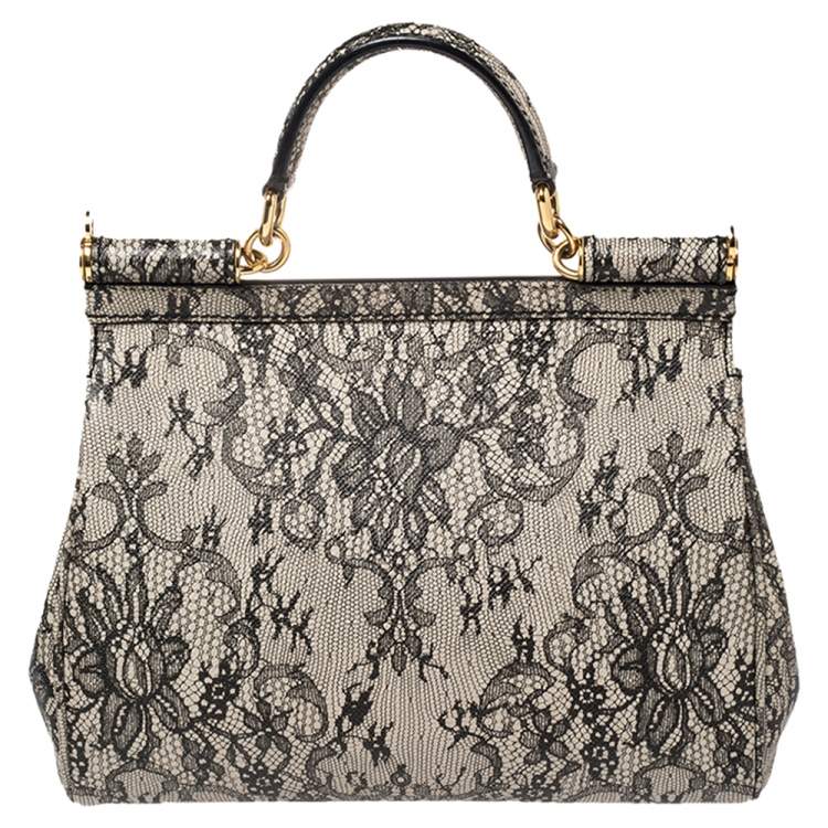 Pre Owned Dolce & Gabbana Beige/Black Lace Print Leather Medium Miss Sicily Top Handle Bag