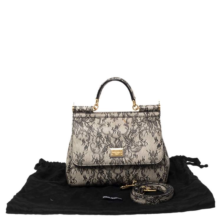 Pre Owned Dolce & Gabbana Beige/Black Lace Print Leather Medium Miss Sicily Top Handle Bag