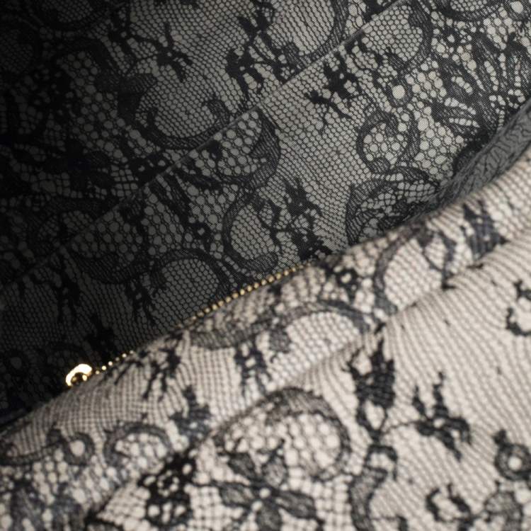 Pre Owned Dolce & Gabbana Beige/Black Lace Print Leather Medium Miss Sicily Top Handle Bag