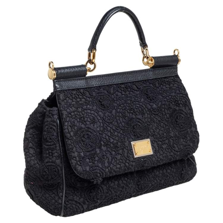 Pre Owned Dolce & Gabbana Black Lace Medium Miss Sicily Top Handle Bag