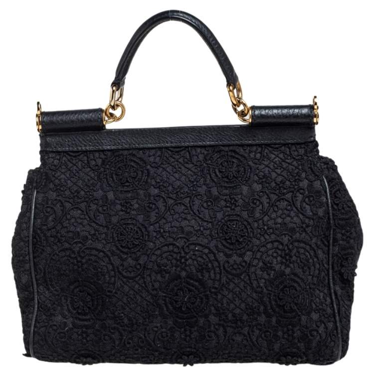 Pre Owned Dolce & Gabbana Black Lace Medium Miss Sicily Top Handle Bag