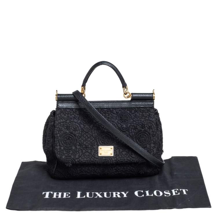 Pre Owned Dolce & Gabbana Black Lace Medium Miss Sicily Top Handle Bag