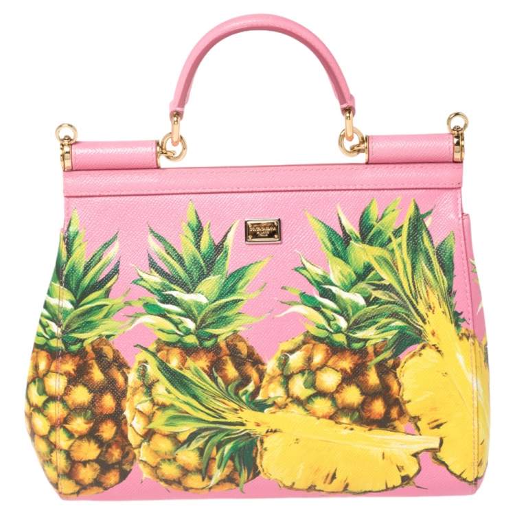 Pre Owned Dolce & Gabbana Pink Pineapple Printed Leather Miss Sicily Top Handle Bag