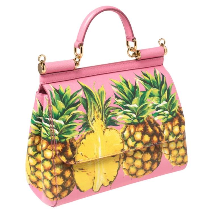 Pre Owned Dolce & Gabbana Pink Pineapple Printed Leather Miss Sicily Top Handle Bag