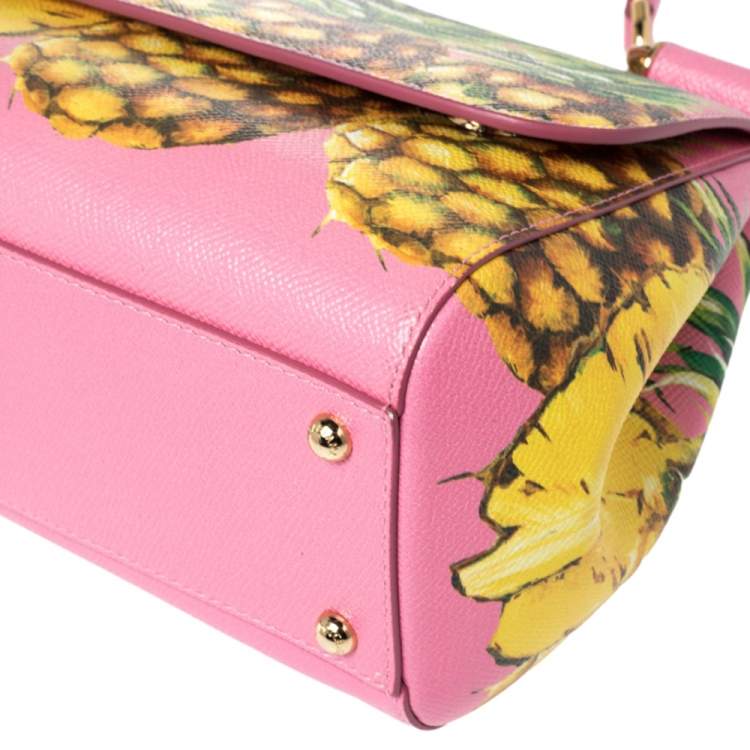 Pre Owned Dolce & Gabbana Pink Pineapple Printed Leather Miss Sicily Top Handle Bag
