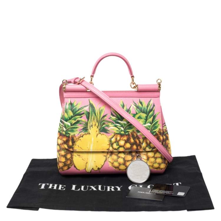 Pre Owned Dolce & Gabbana Pink Pineapple Printed Leather Miss Sicily Top Handle Bag