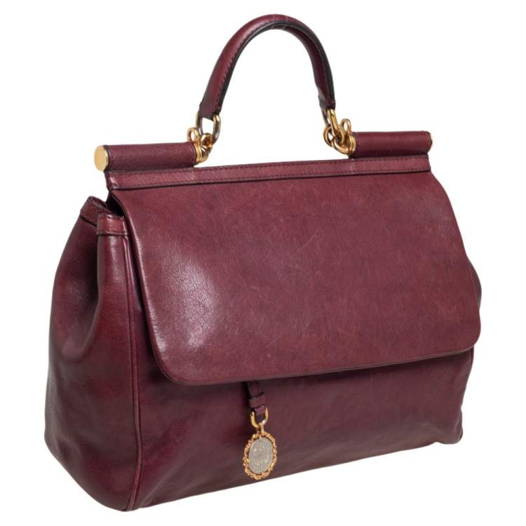 Pre Owned Dolce & Gabbana Burgundy Leather Large Miss Sicily Top Handle Bag