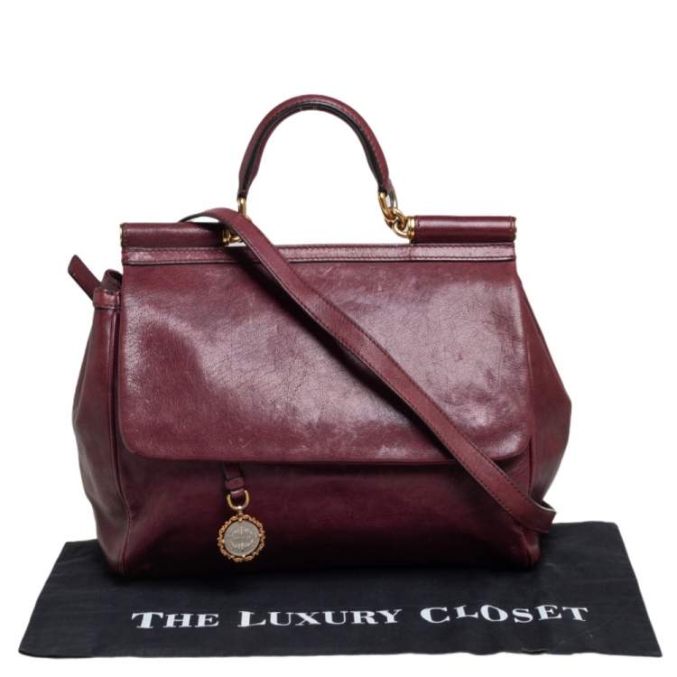 Pre Owned Dolce & Gabbana Burgundy Leather Large Miss Sicily Top Handle Bag
