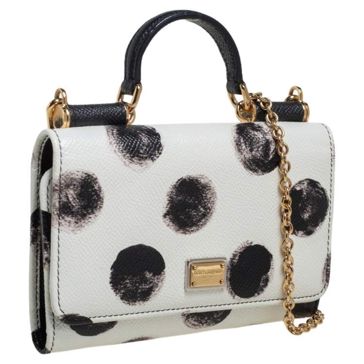 Pre Owned Dolce & Gabbana White/Black Polkadot Leather Miss Sicily Von Wallet on Chain