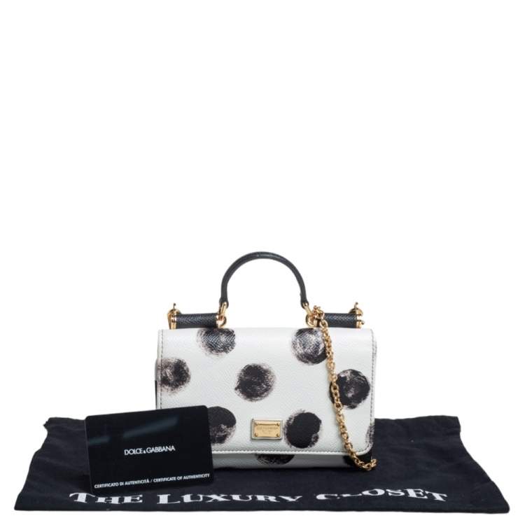 Pre Owned Dolce & Gabbana White/Black Polkadot Leather Miss Sicily Von Wallet on Chain