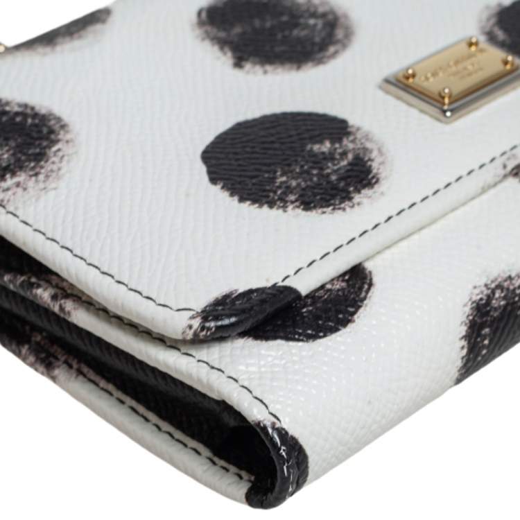 Pre Owned Dolce & Gabbana White/Black Polkadot Leather Miss Sicily Von Wallet on Chain