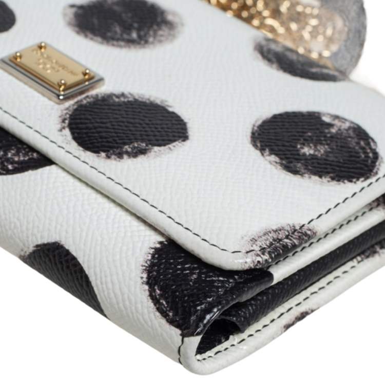 Pre Owned Dolce & Gabbana White/Black Polkadot Leather Miss Sicily Von Wallet on Chain