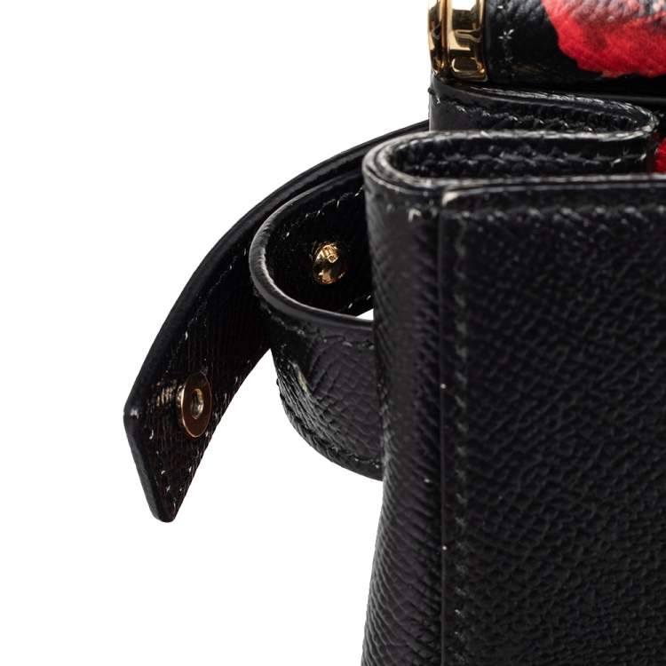 Pre Owned Dolce & Gabbana Black Floral Print Leather Small Miss Sicily Top Handle Bag