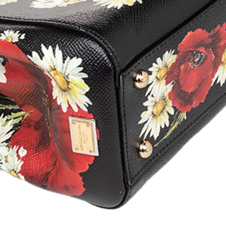 Pre Owned Dolce & Gabbana Black Floral Print Leather Small Miss Sicily Top Handle Bag