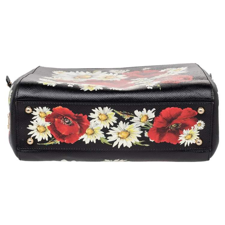 Pre Owned Dolce & Gabbana Black Floral Print Leather Small Miss Sicily Top Handle Bag